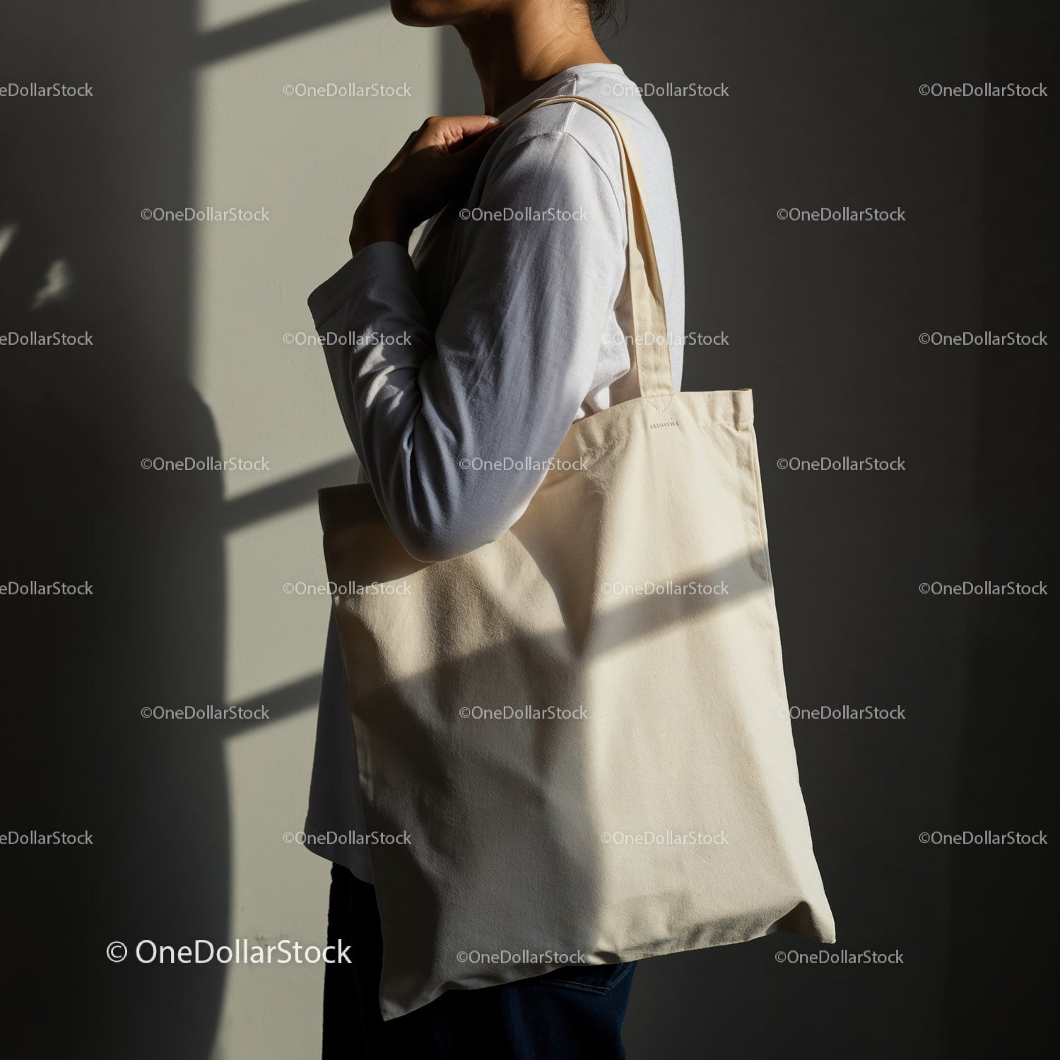 Person Carrying Plain Canvas Tote Bag on Shoulder