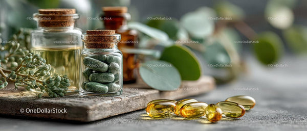 Green Herbal Supplements and Capsules with Botanical Background