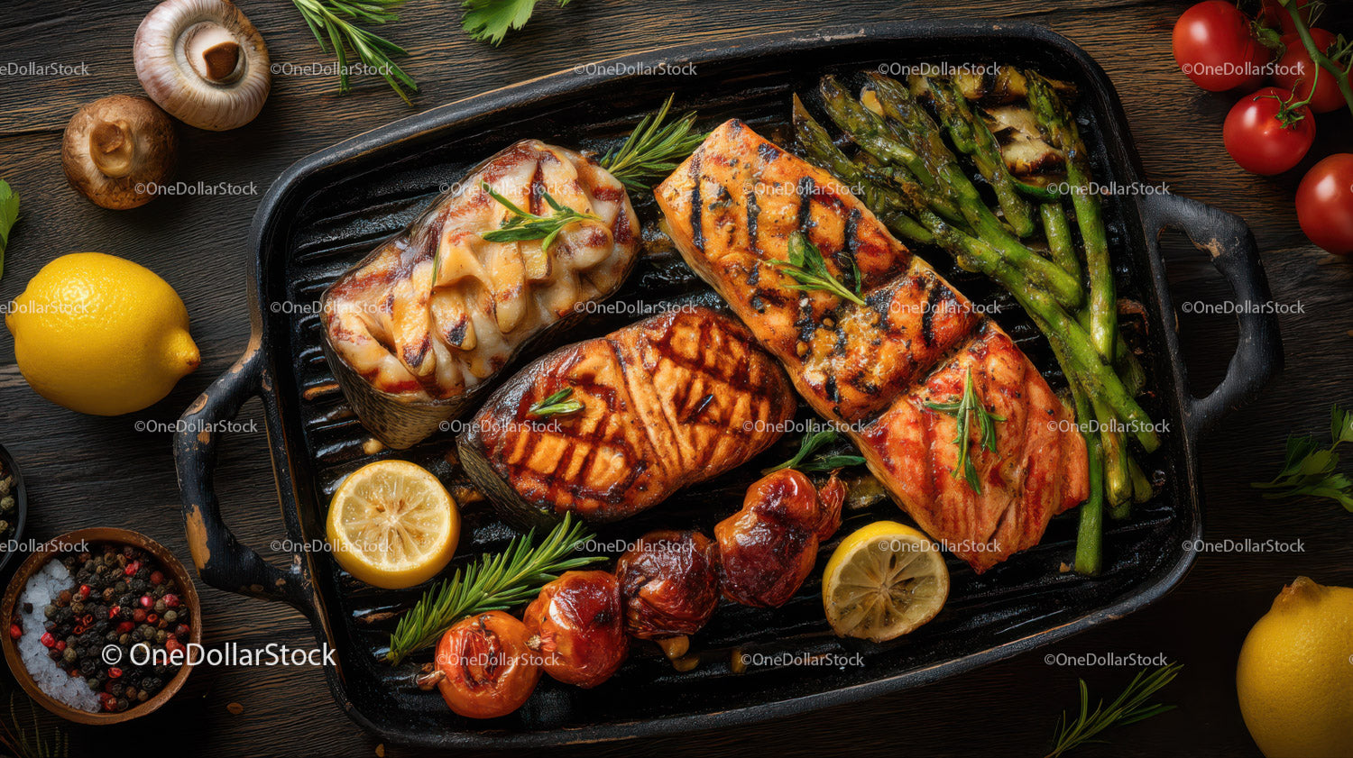 Grilled Salmon with Asparagus Cherry Tomatoes and Lemon