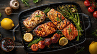 Grilled Salmon with Asparagus Cherry Tomatoes and Lemon