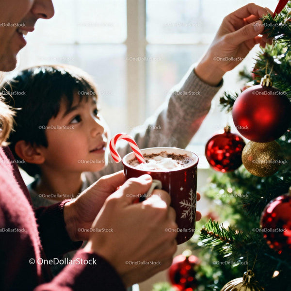 Child and adult decorating Christmas tree with hot cocoa