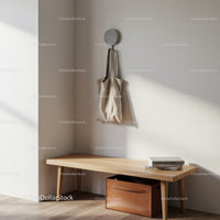 Neutral Living Space with Beige Tote Bag and Wooden Bench
