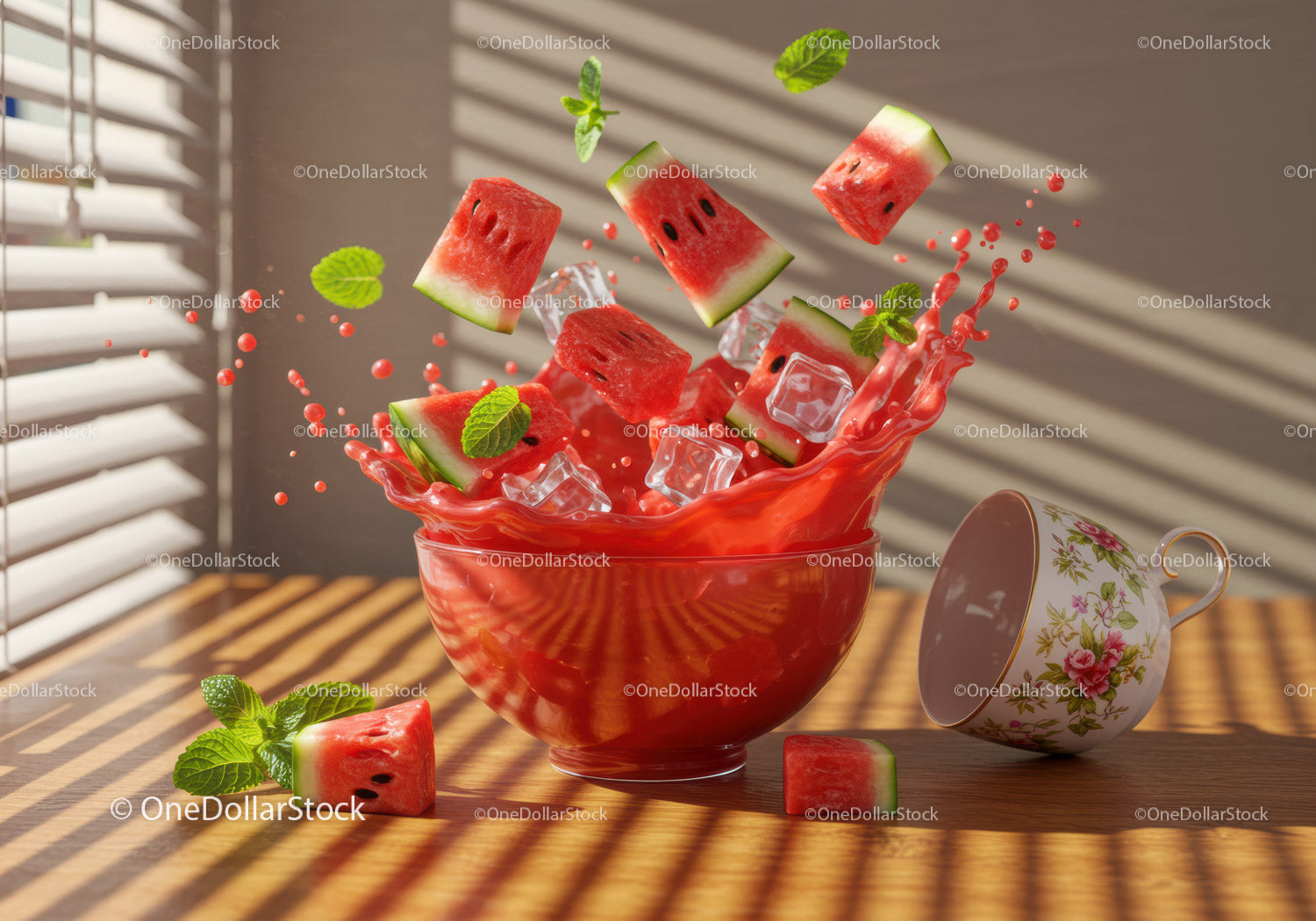Watermelon pieces splashing in red bowl with ice cubes