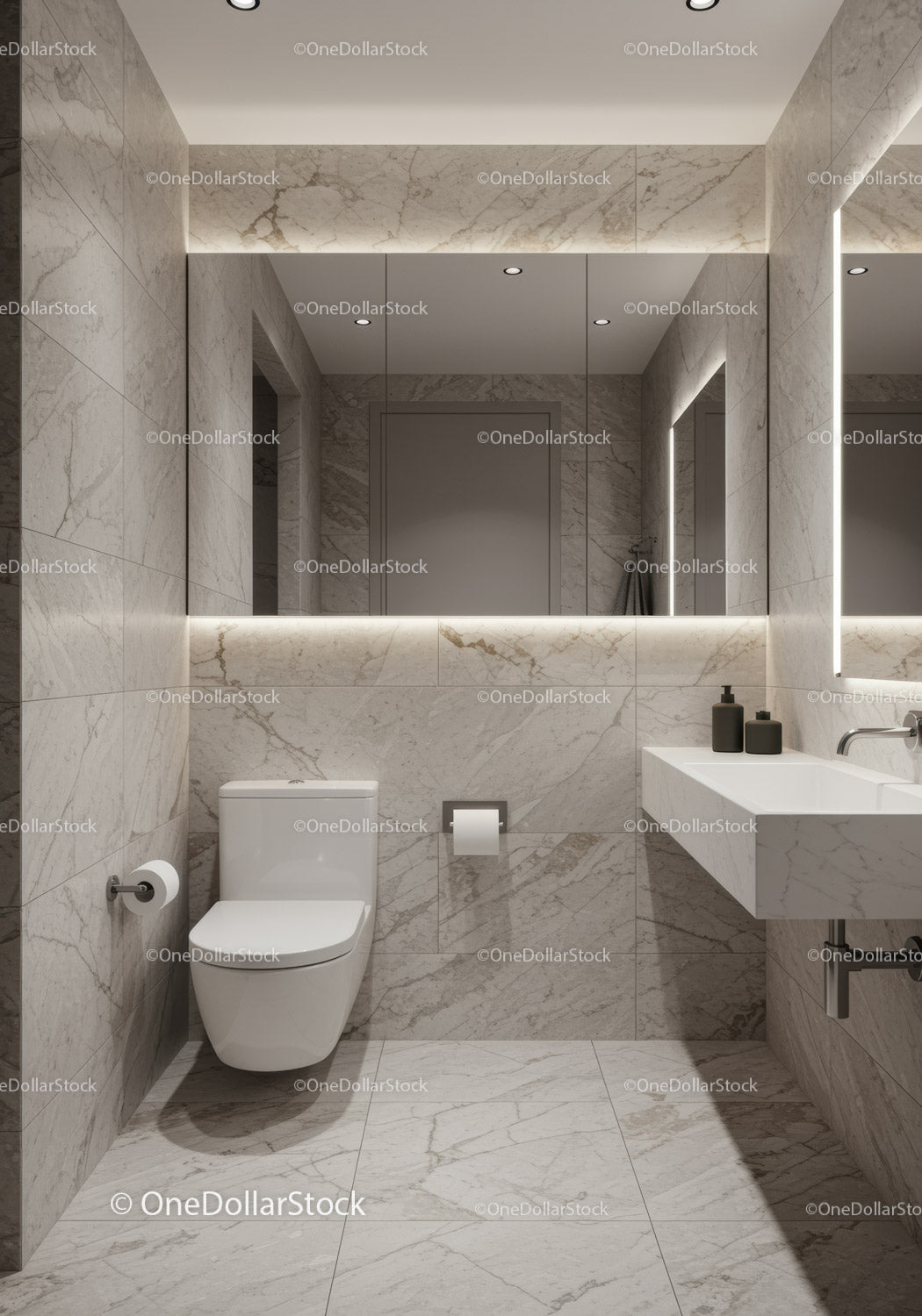 Luxurious Modern Bathroom with Marble Walls and Sleek Fixtures