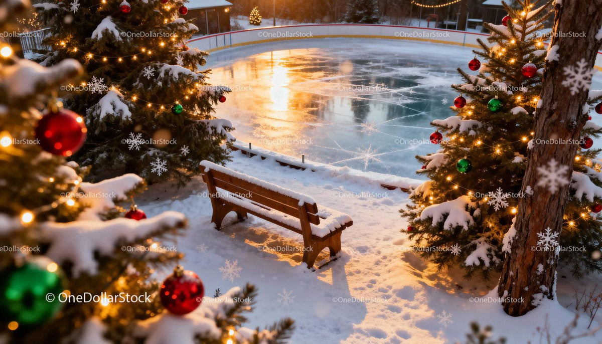 Christmas trees and empty bench by sunset ice rink