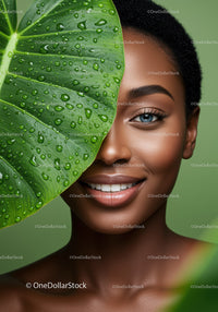 Close-Up of Beautiful African Woman with Green Leaf and Water Droplets