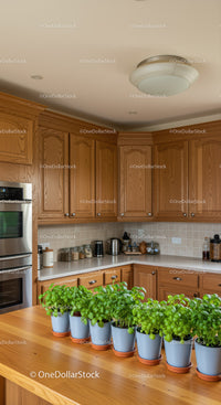Cozy Kitchen with Wooden Cabinets and Indoor Basil Plants