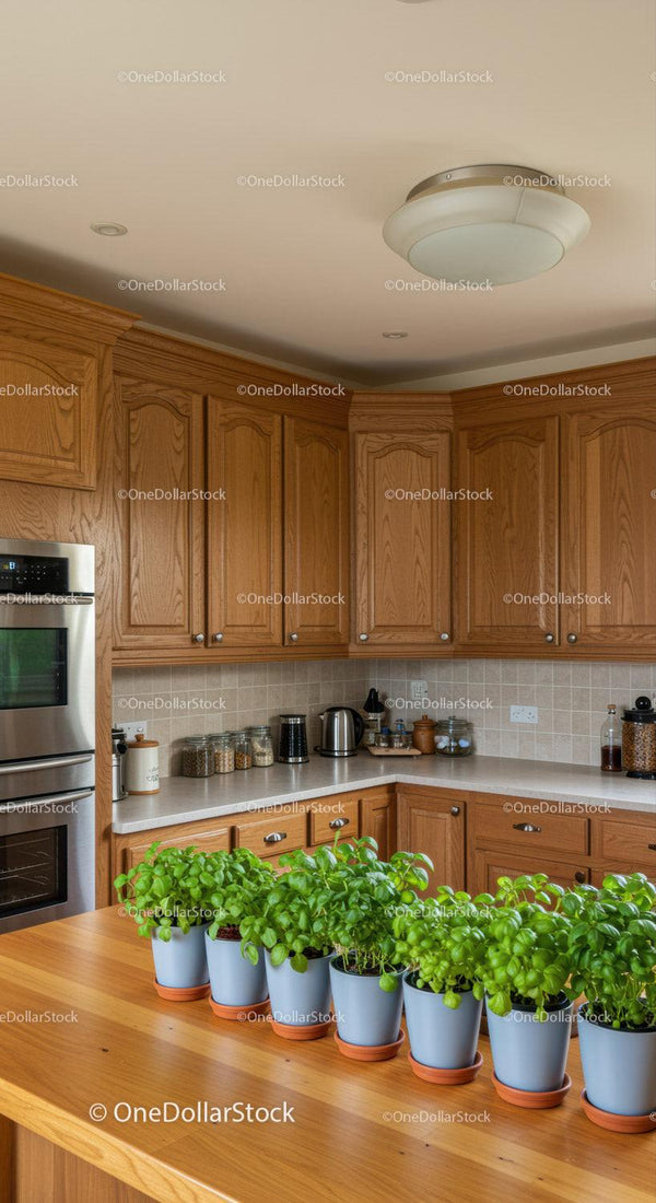 Cozy Kitchen with Wooden Cabinets and Indoor Basil Plants