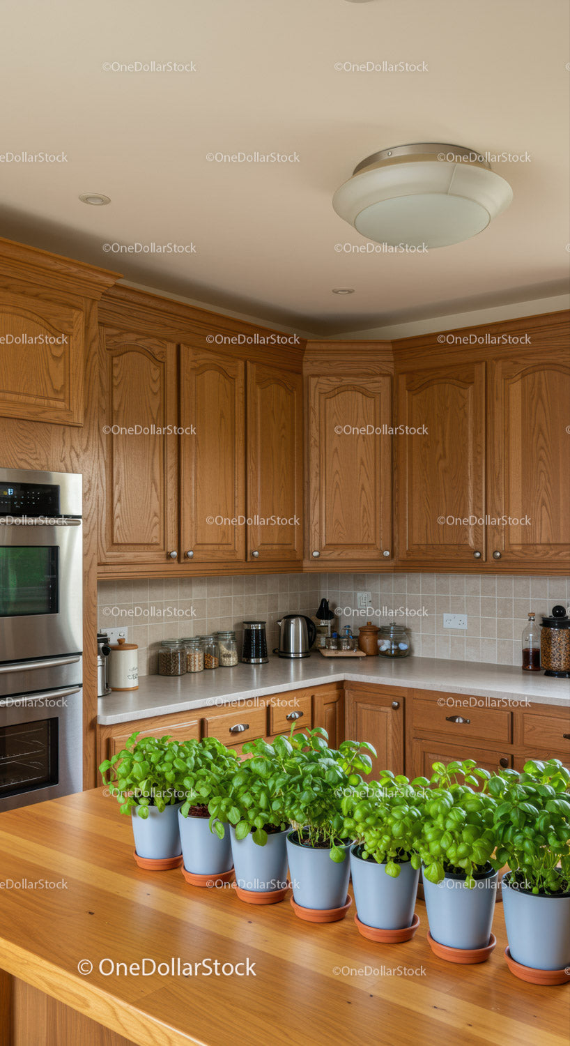 Cozy Kitchen with Wooden Cabinets and Indoor Basil Plants