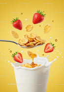 Fresh strawberries and cereal splashing in milk with honey