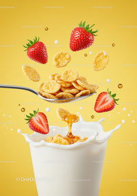 Fresh strawberries and cereal splashing in milk with honey