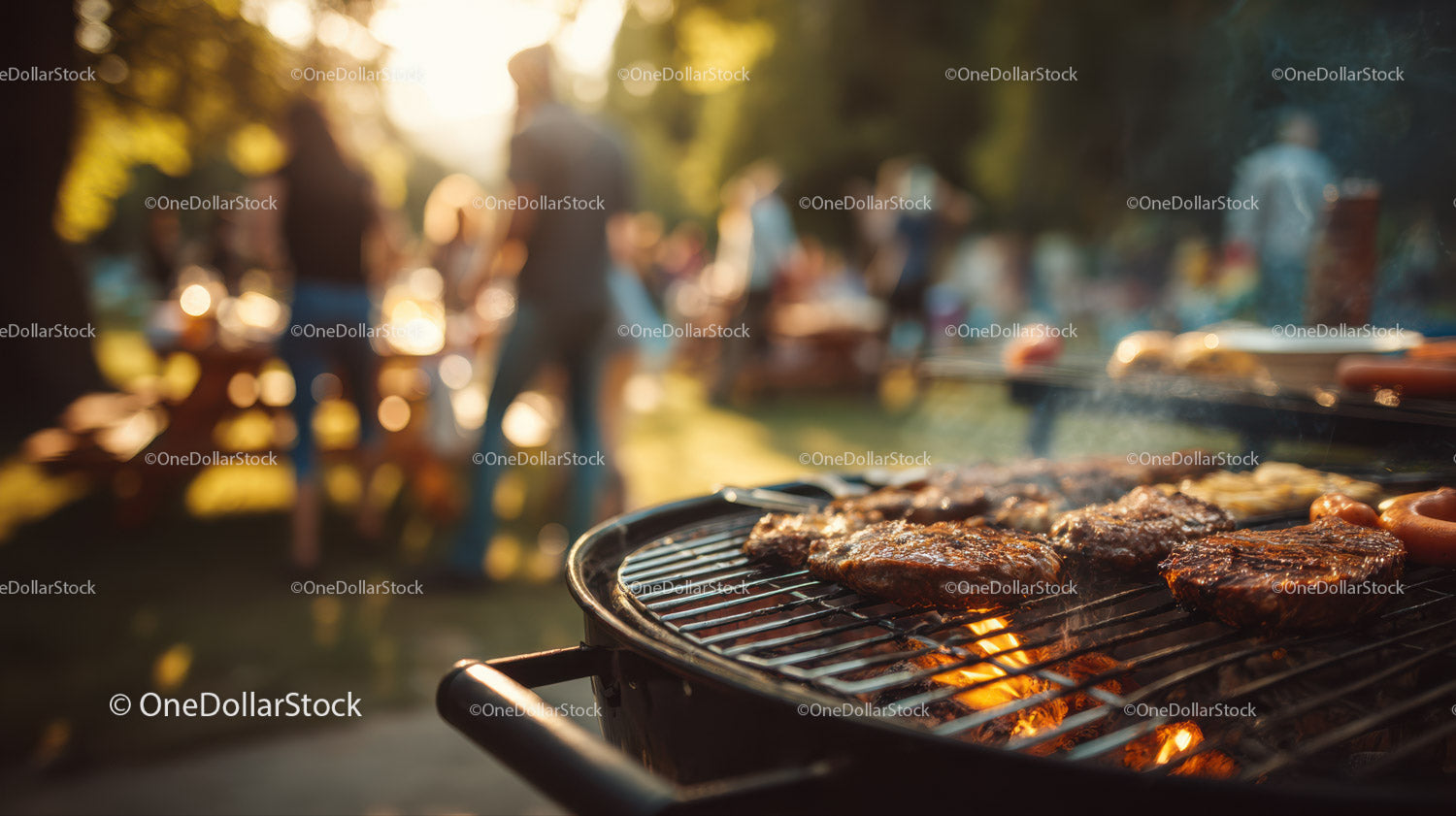 Outdoor Grill Sizzling Juicy Steaks in Sunset Light