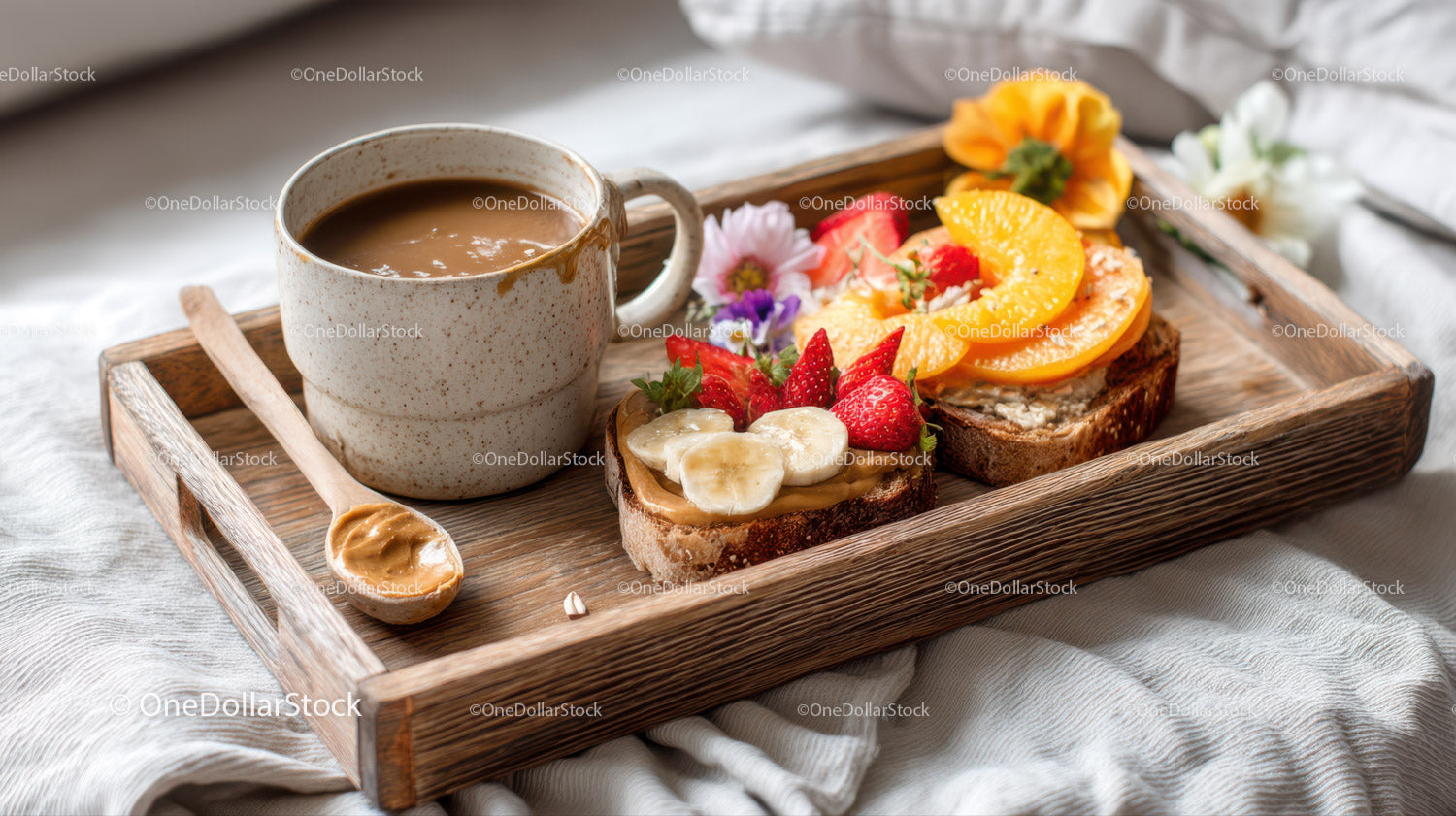 Fruit and Nut Toast with Fresh Fruits on Rustic Wooden Tray