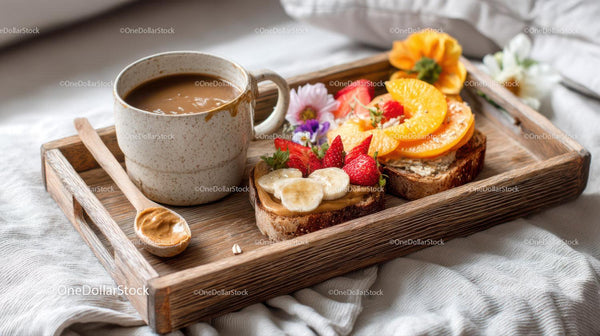Fruit and Nut Toast with Fresh Fruits on Rustic Wooden Tray