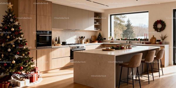 Modern Kitchen with Festive Christmas Decorations and Natural Light