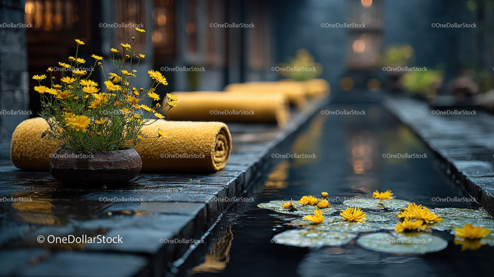 Yellow Daisies and Water Lily in Tranquil Outdoor Garden Scene