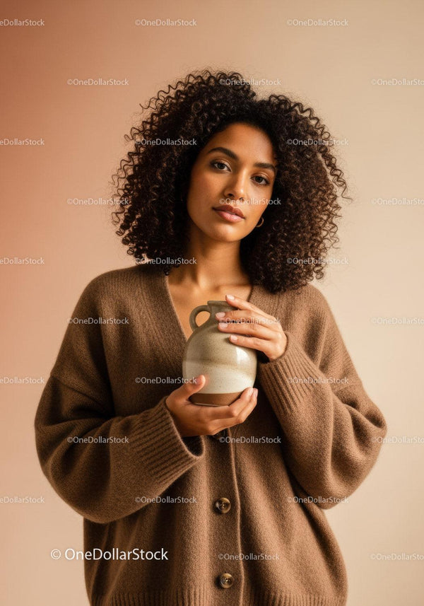 Elegant Woman with Curly Hair Holding Vase in Warm Indoor Setting