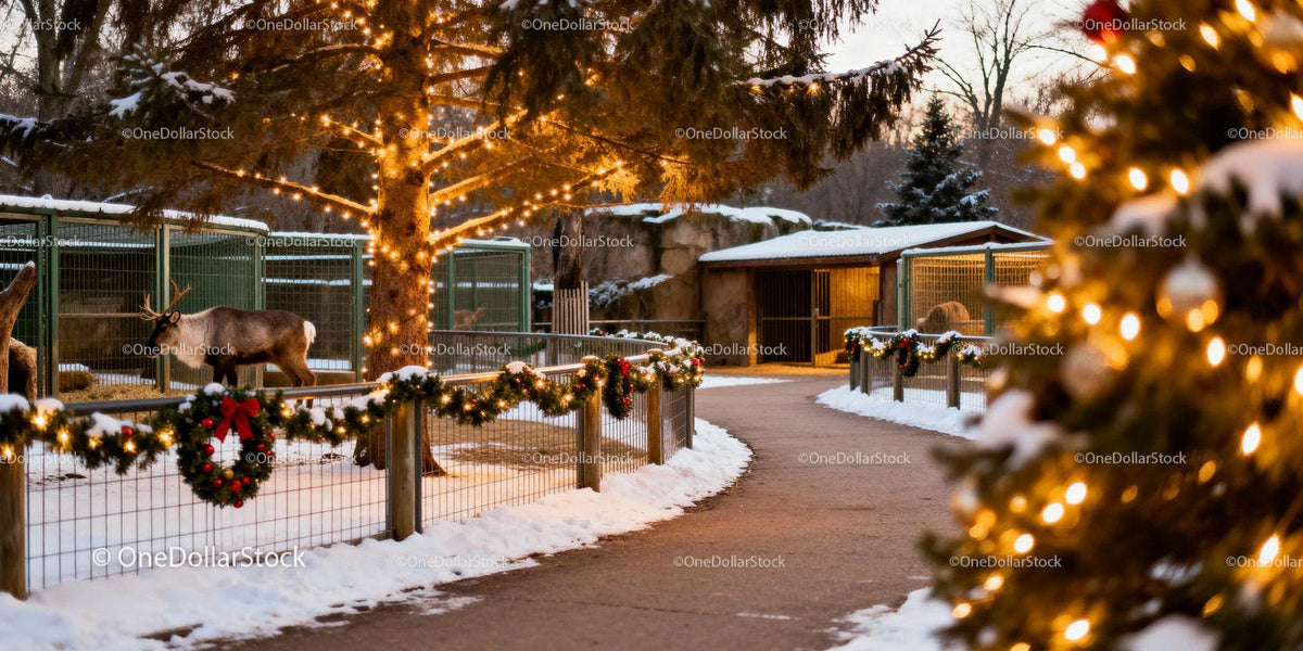 Winter Zoo Path with Christmas Lights and Caribou