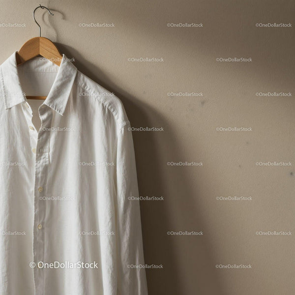 Classic white shirt hanging on wooden hanger indoors JPG Mockup Image