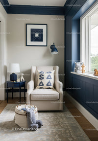 Modern Nursery with Beige Armchair and Blue Wall Paneling