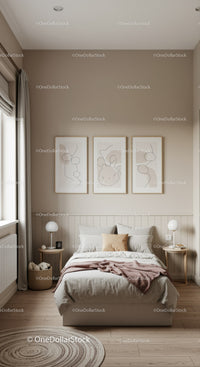 Modern Minimalist Bedroom with Abstract Line Art and Cozy Decor