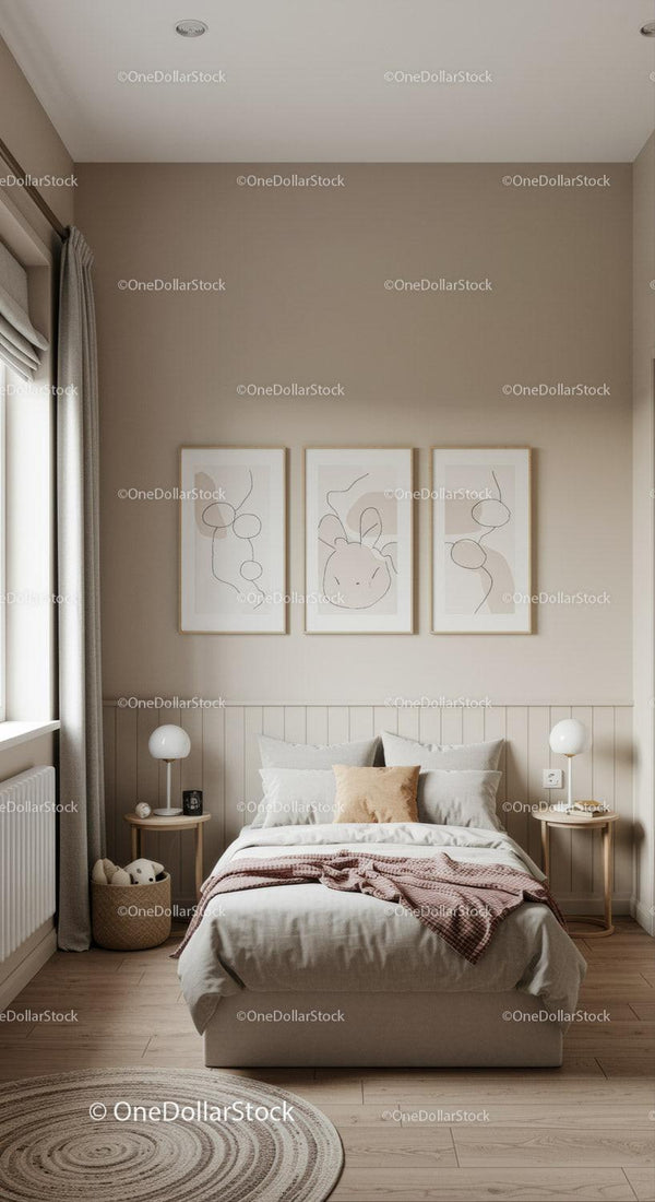 Modern Minimalist Bedroom with Abstract Line Art and Cozy Decor