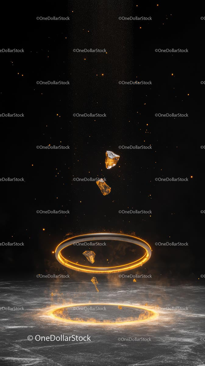 Futuristic Space Scene with Glowing Rings and Floating Rocks