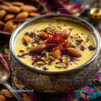 Traditional Indian Saffron Milk with Pistachios and Almonds in Silver Bowl