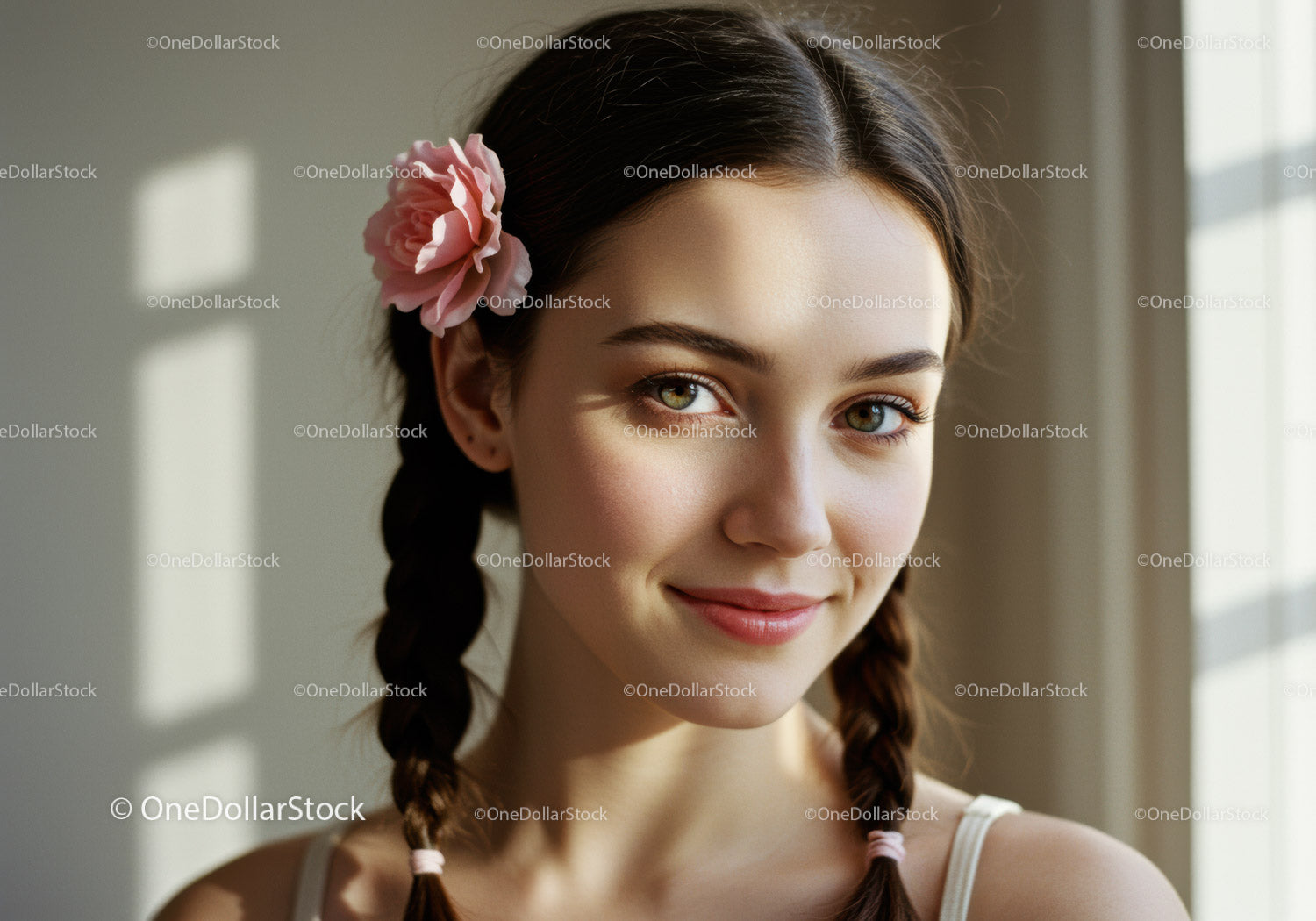 Portrait of a Young Woman with Pink Flower Hair Accessory and Braided Hair