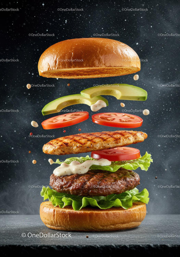 Deconstructed grilled chicken and beef burger with fresh toppings