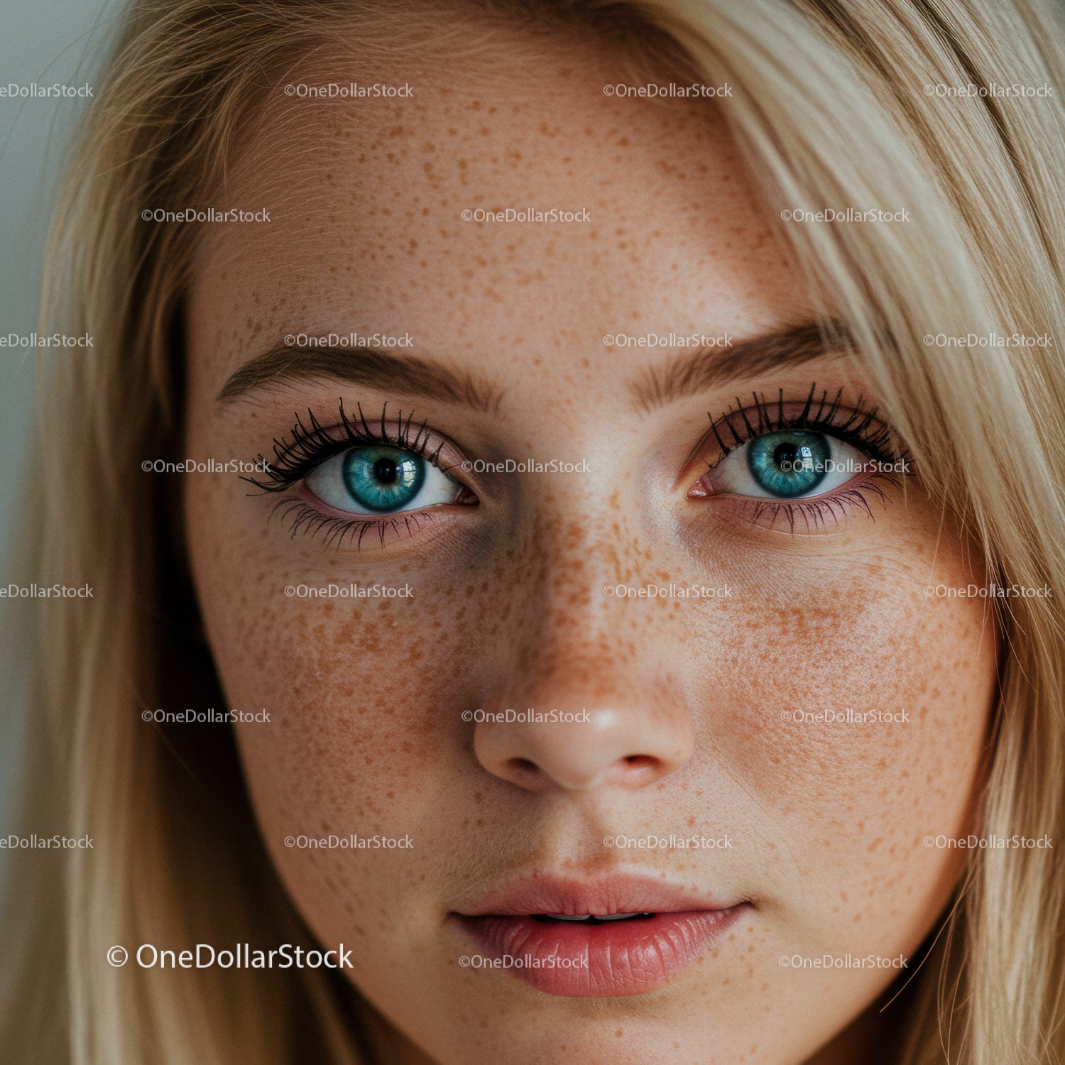Close up portrait of young woman with freckles and blue eyes