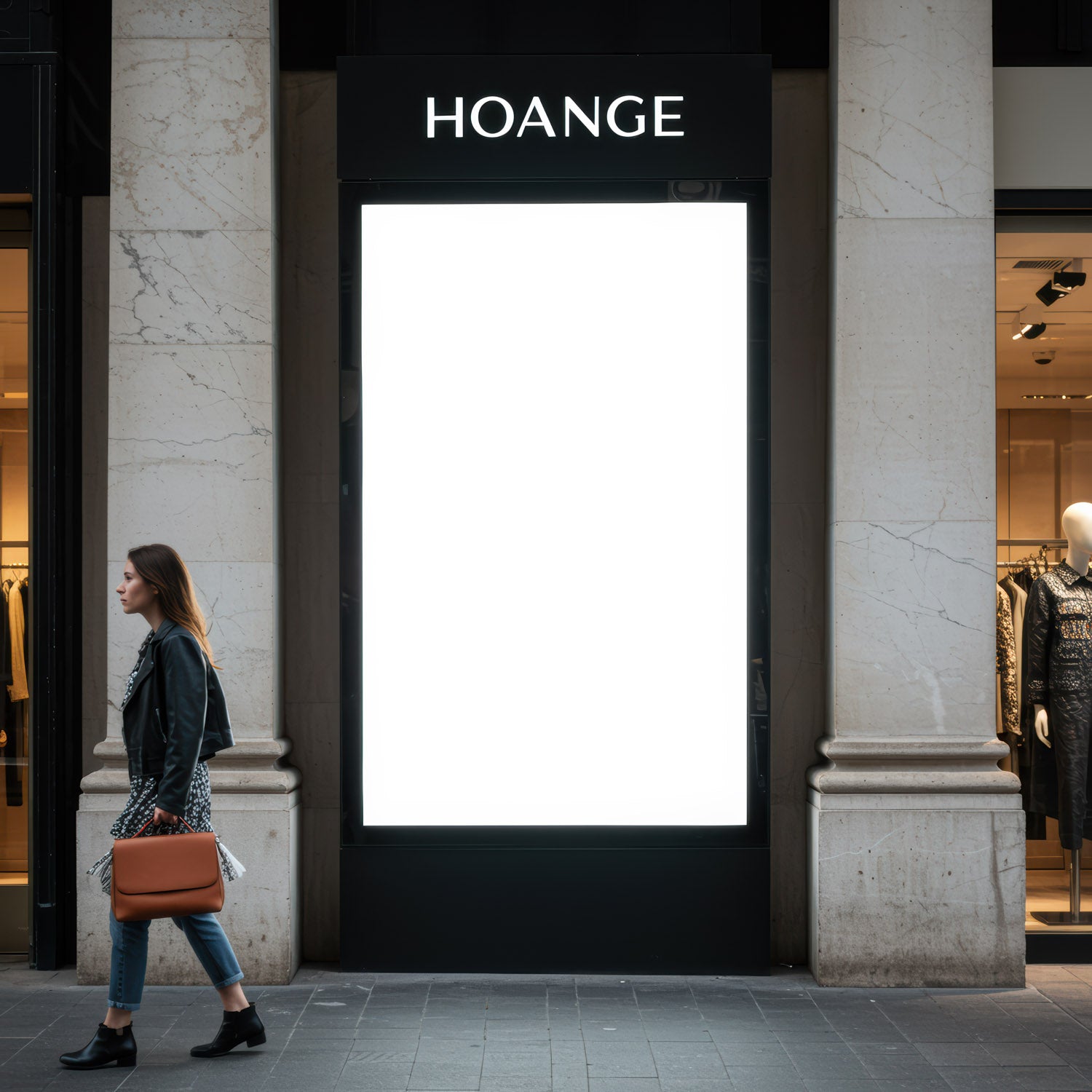 Woman walking past blank illuminated city billboard