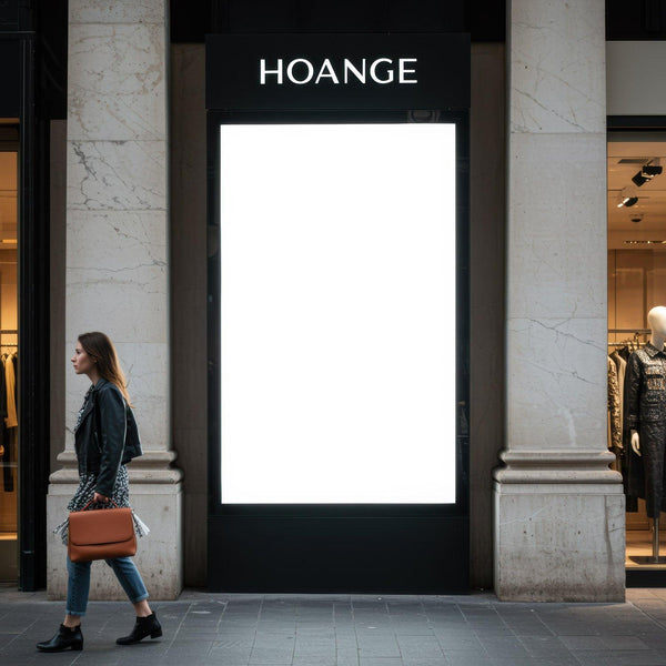 Woman walking past blank illuminated city billboard JPG Mockup Image