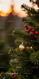 Golden bauble and red berries on pine branch