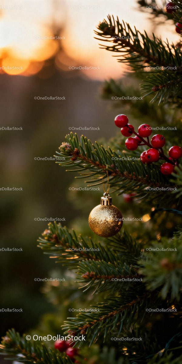 Golden bauble and red berries on pine branch