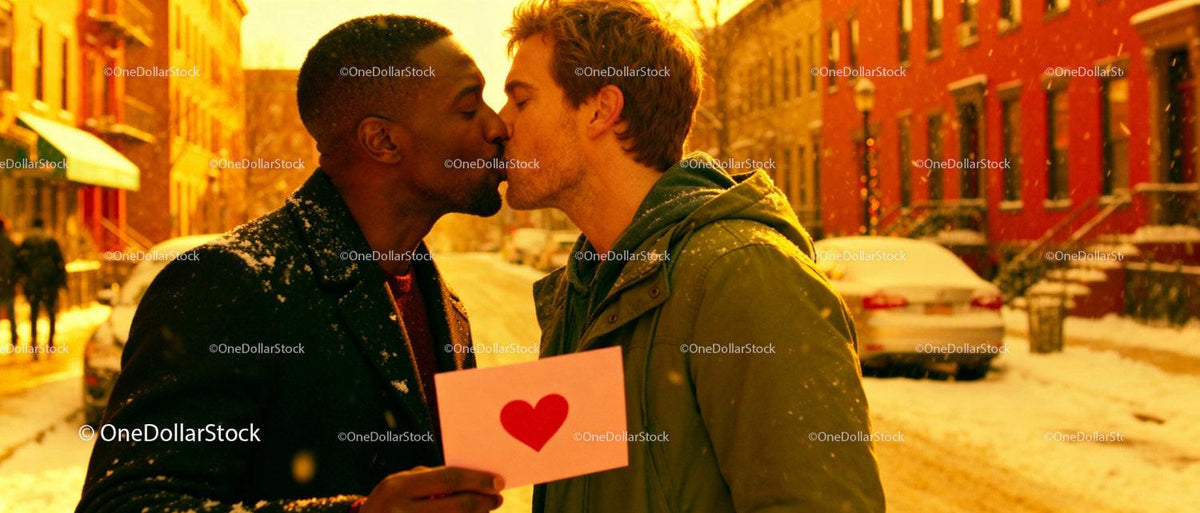 Two men sharing a romantic kiss outdoors in winter