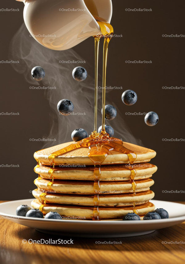 Stack of pancakes with blueberries and honey drizzle