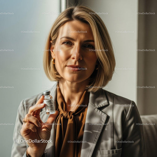 Confident Female Doctor Holding Medicine Vial in Clinical Setting