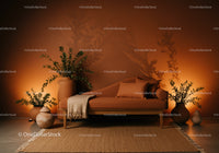 Elegant Rustic Sofa with Greenery in Warm Ambient Light