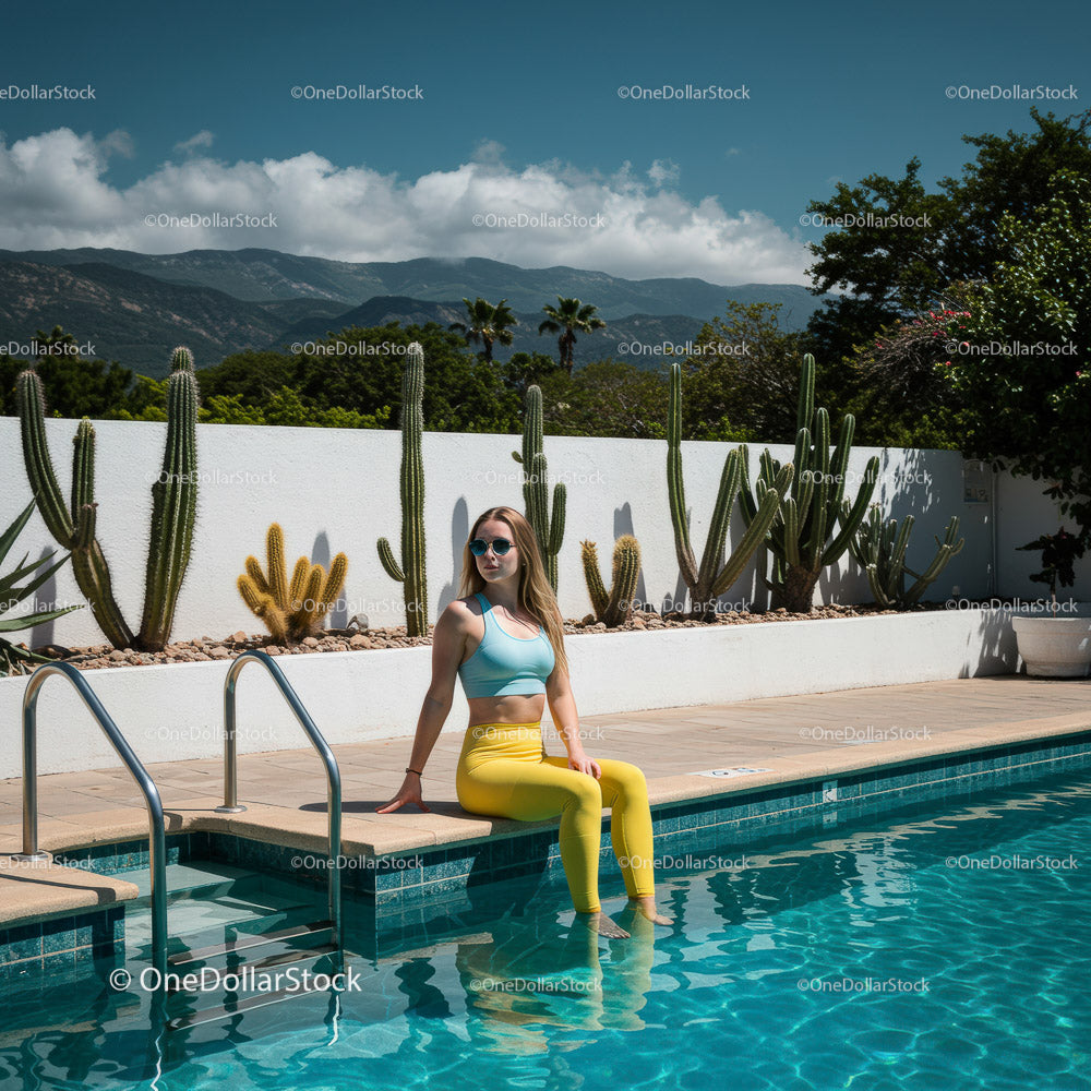 Trendy Young Woman Relaxing by the Vibrant Swimming Pool