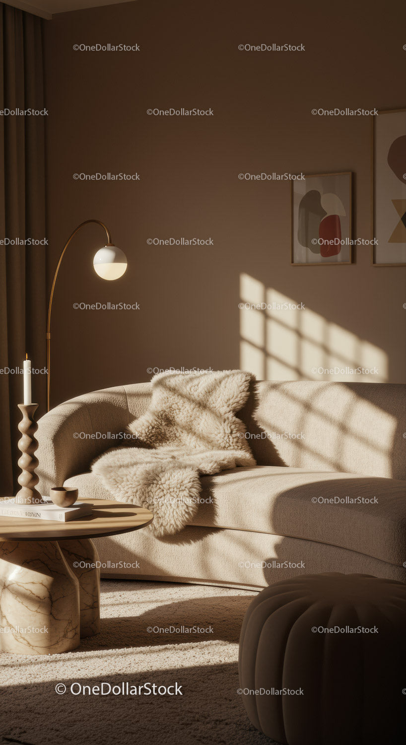 Przytulny beżowy salon z miękkim, naturalnym światłem