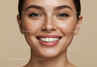 Close-up of happy woman with freckles smiling brightly