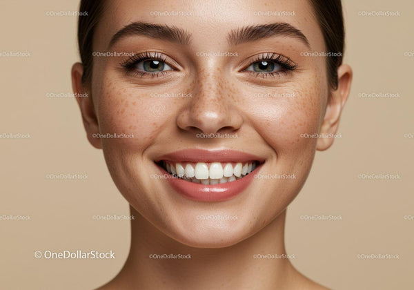 Close-up of happy woman with freckles smiling brightly