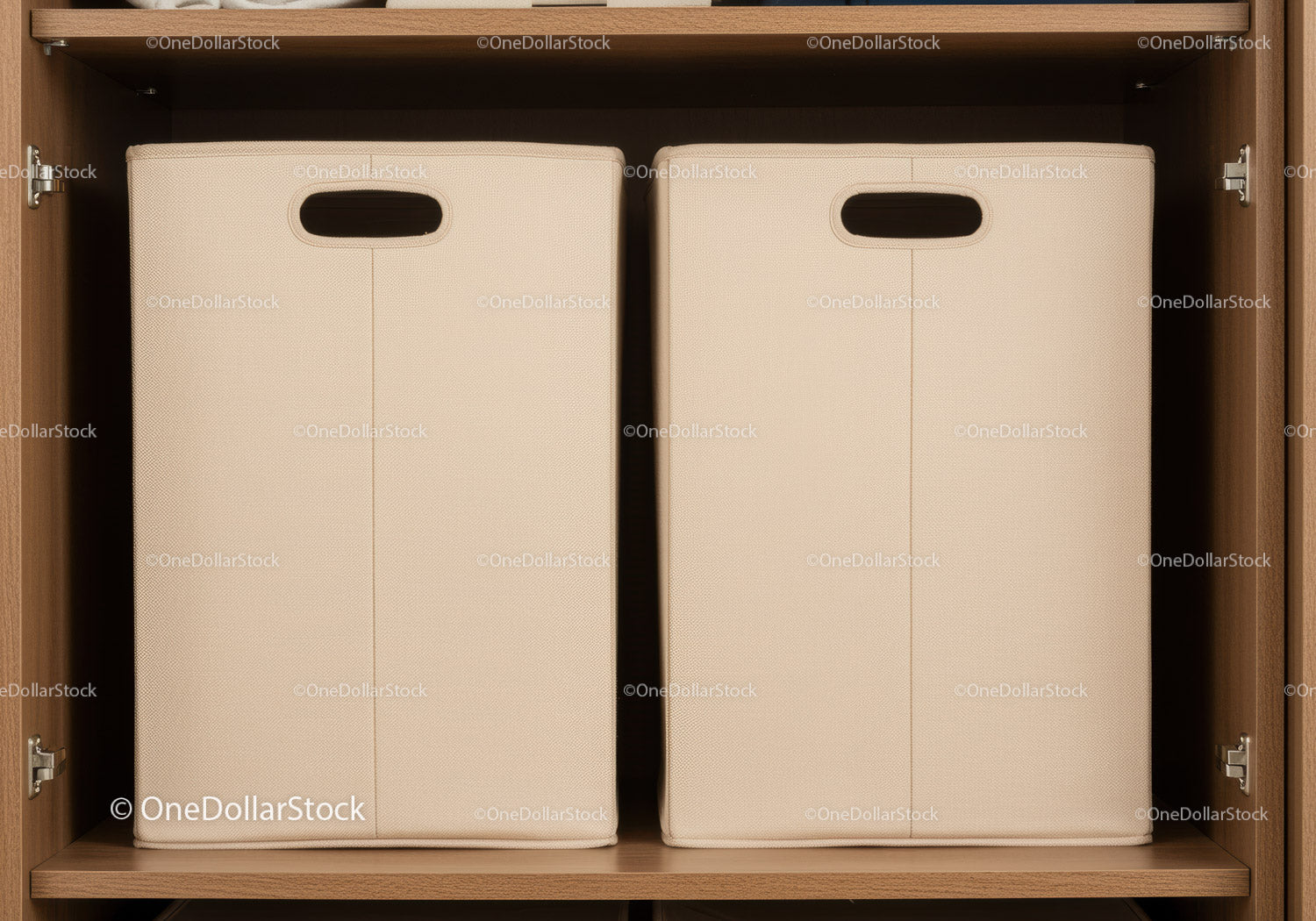 Beige Fabric Storage Bins with Handles on Wooden Closet Shelf