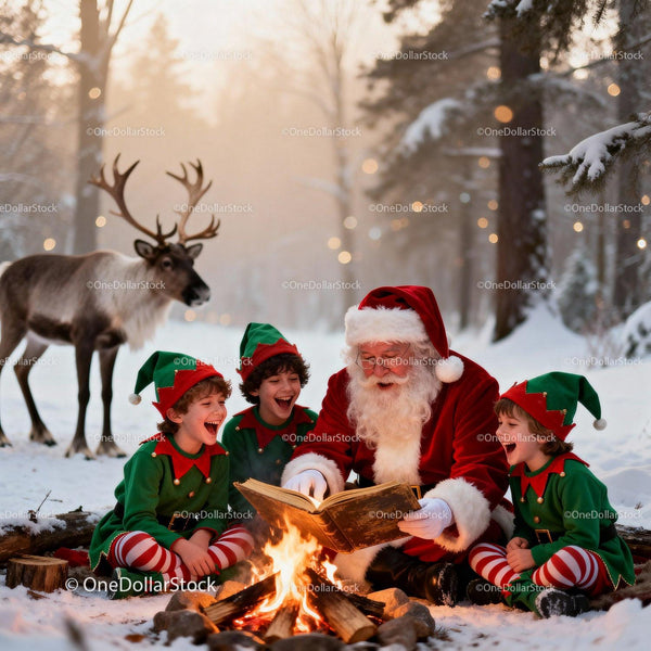 Santa and Elves Sharing Stories by Winter Campfire