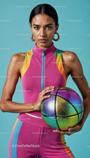 Vibrant Woman Basketball Player in Colorful Sportswear Holding Ball