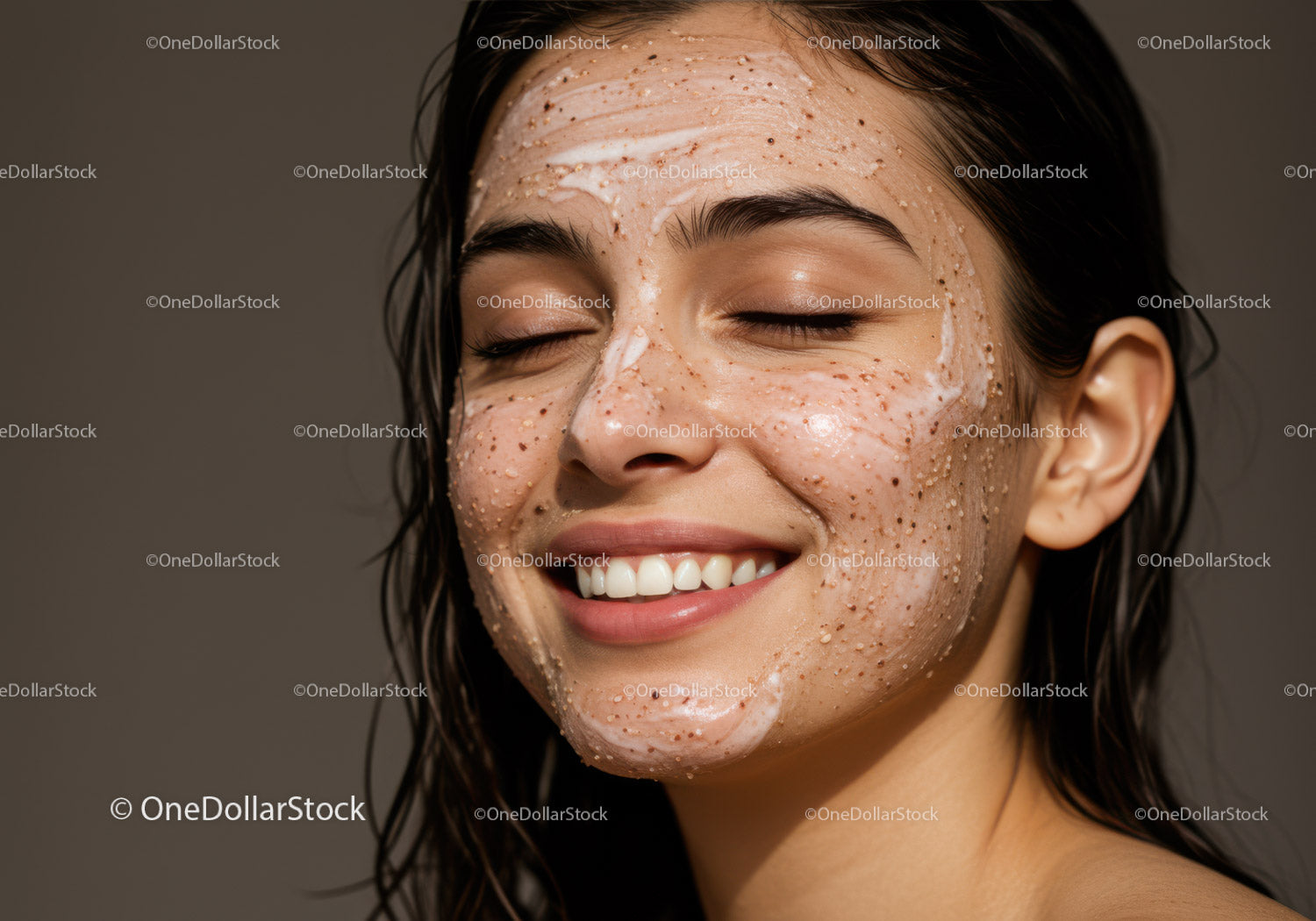 Young Woman Applying Facial Scrub with Smiling Expression