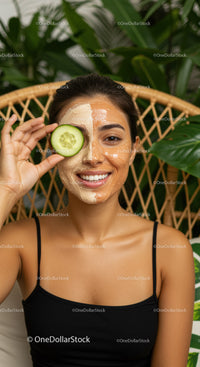 Youthful Woman with Facial Mask and Cucumber Eye Treatment in Spa