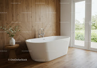 Modern Freestanding Bathtub in Bright Spa-Inspired Bathroom with Wooden Walls