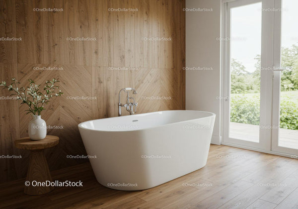 Modern Freestanding Bathtub in Bright Spa-Inspired Bathroom with Wooden Walls